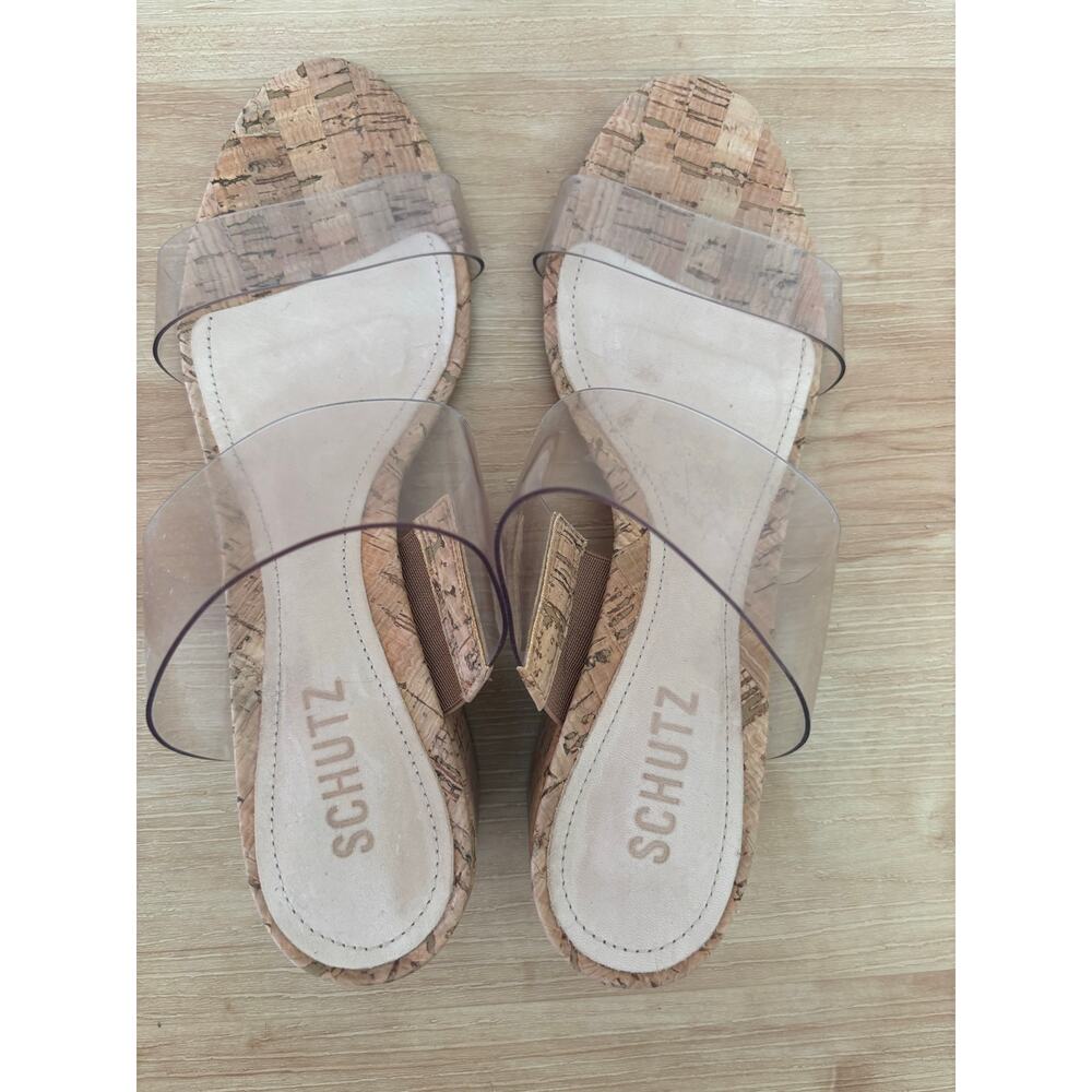 Schutz Clear Cork Shoes Victorie Sandal 9B $140 Vinyl Leather Boho Heel Slip on - Picture 2 of 10